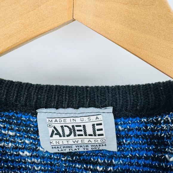 Vintage Adele Abstract Geometric Sweater Blue Black Gray 80s Acrylic Made in USA - Picture 3 of 5